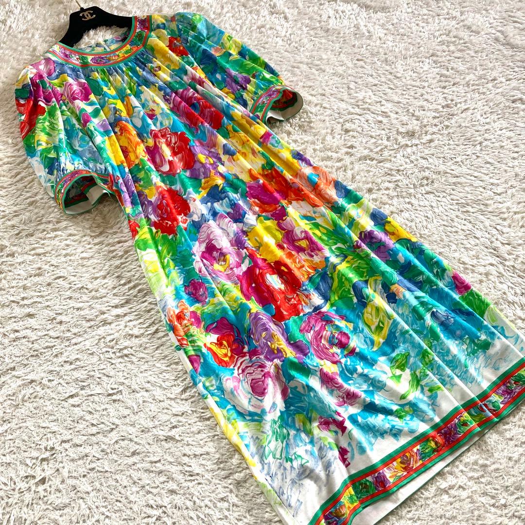 【極美品】レオナール パフスリーブ ボタニカル 花柄 トリム ロングワンピース