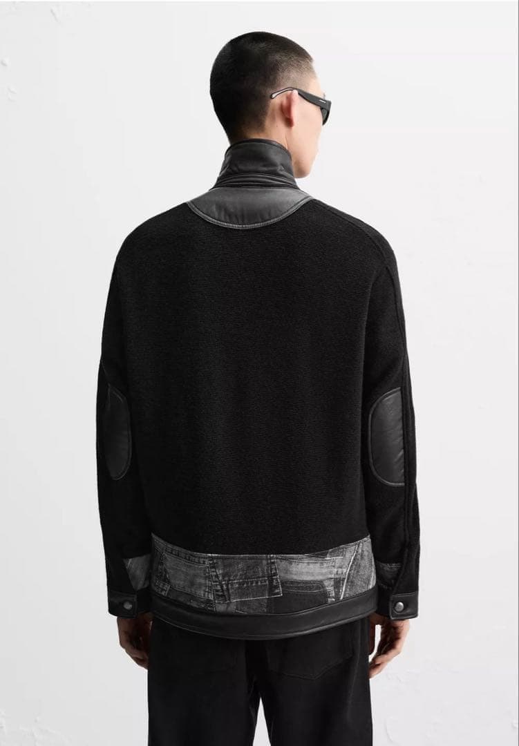 ザラ　ブラックレザージャケット・パッチ付き　ニット切り替え　zara ADSB