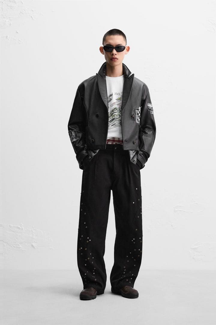 ザラ　ブラックレザージャケット・パッチ付き　ニット切り替え　zara ADSB