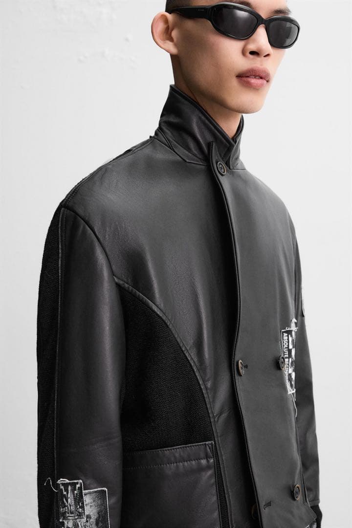 ザラ　ブラックレザージャケット・パッチ付き　ニット切り替え　zara ADSB