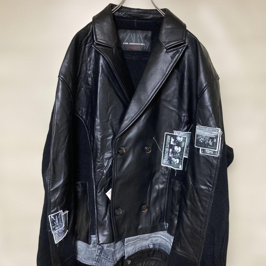 ザラ　ブラックレザージャケット・パッチ付き　ニット切り替え　zara ADSB