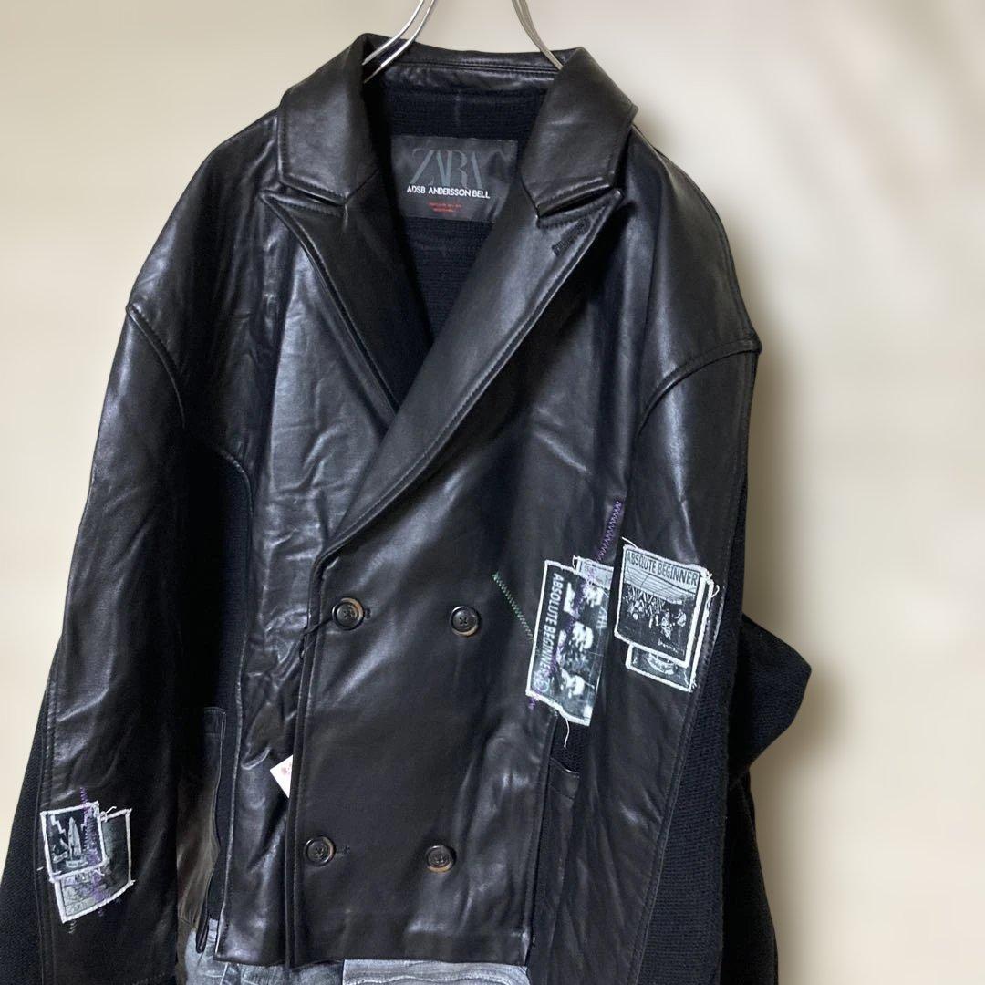 ザラ　ブラックレザージャケット・パッチ付き　ニット切り替え　zara ADSB