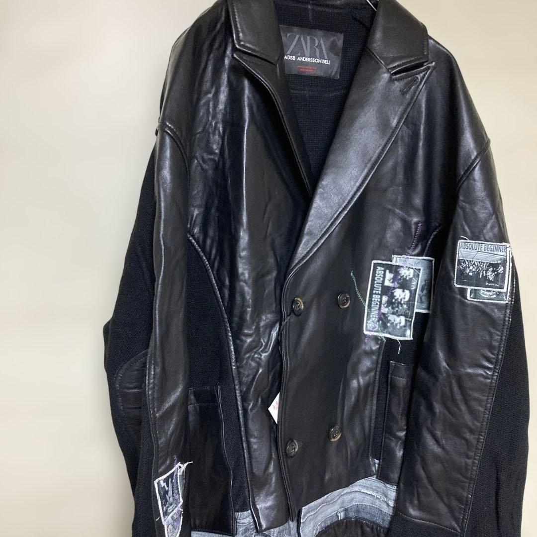 ザラ　ブラックレザージャケット・パッチ付き　ニット切り替え　zara ADSB