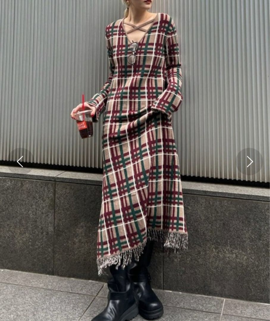 2025アメリ2WAY HANDWRITING CHECK KNIT DRESS
