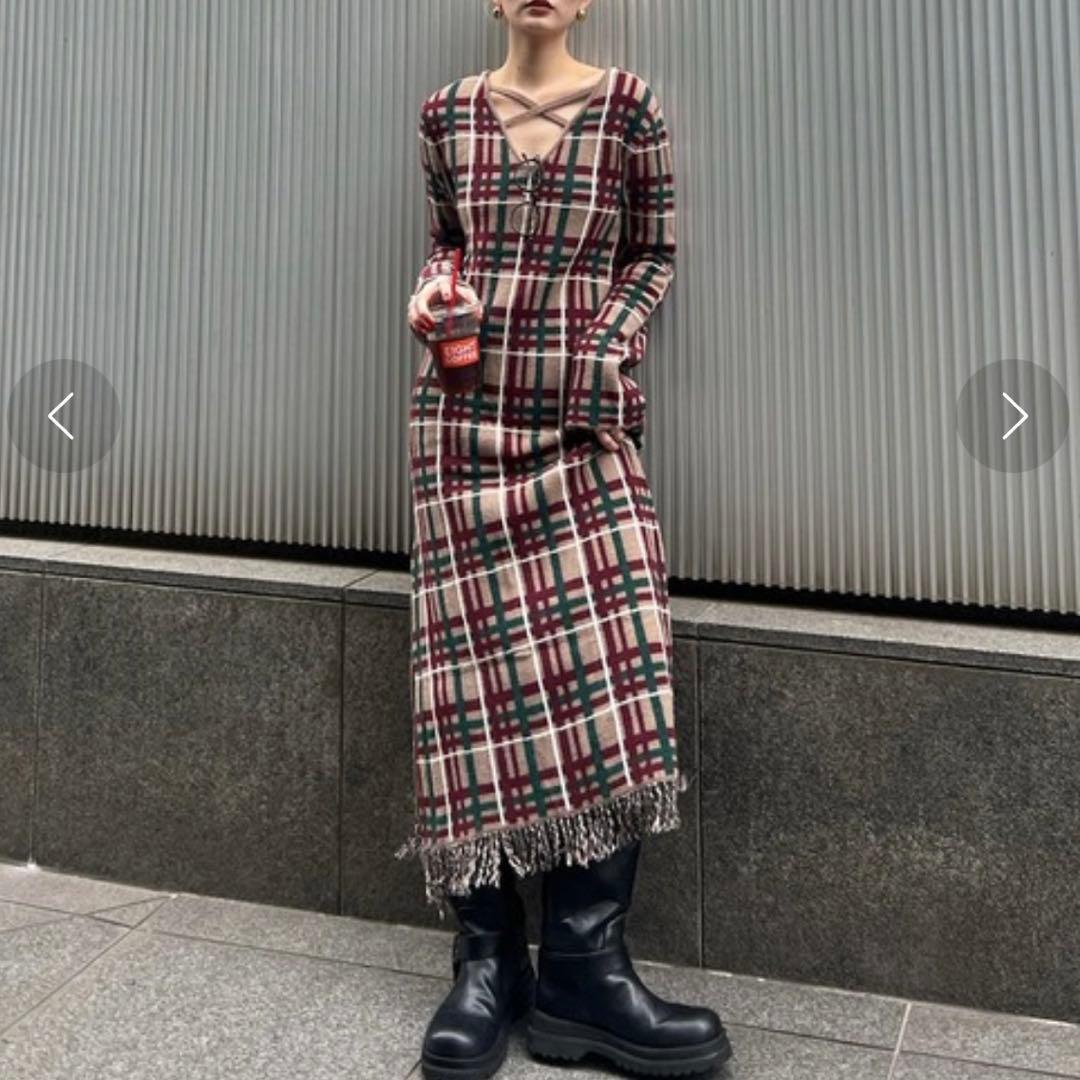 2025アメリ2WAY HANDWRITING CHECK KNIT DRESS