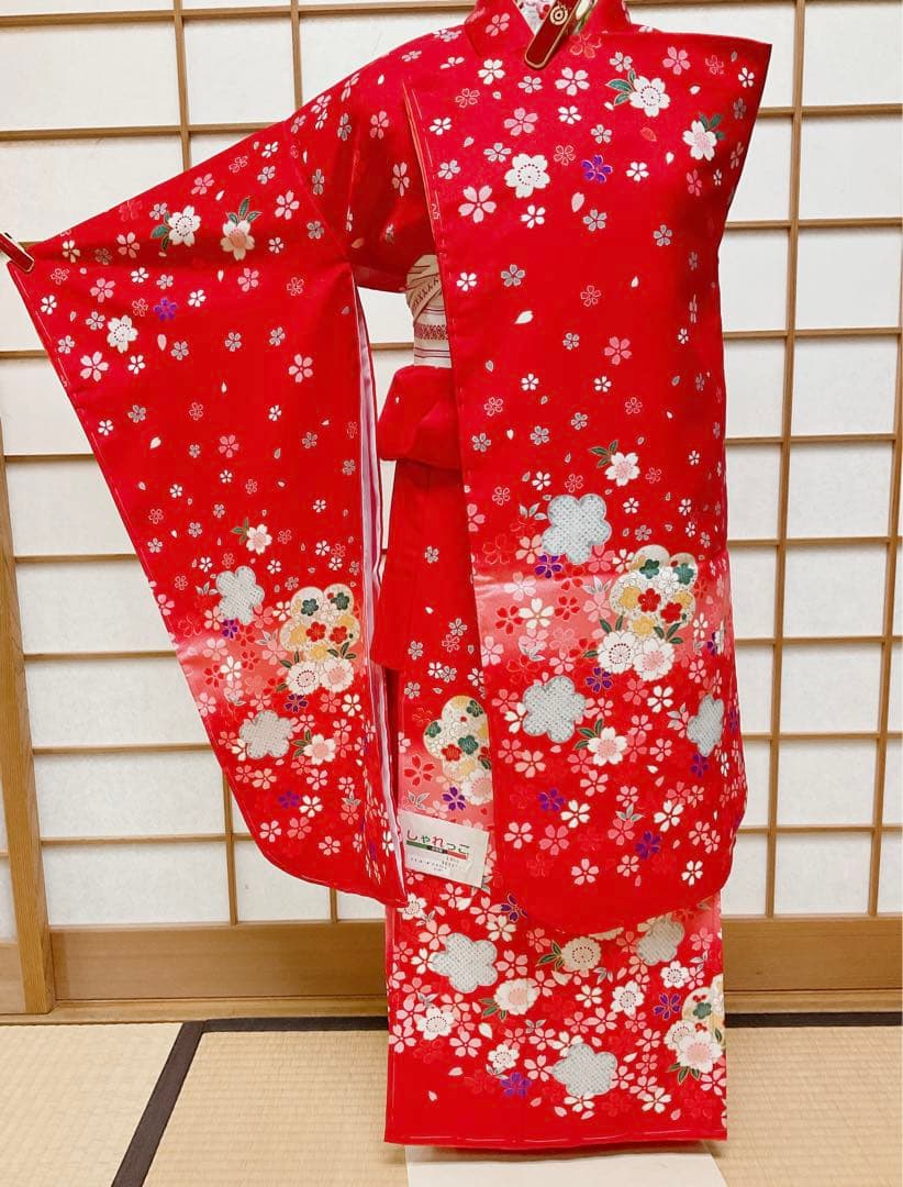 七五三 四つ身 七歳用着物 朱赤 鈴 子ども着物 長襦袢 半衿付き 未使用品