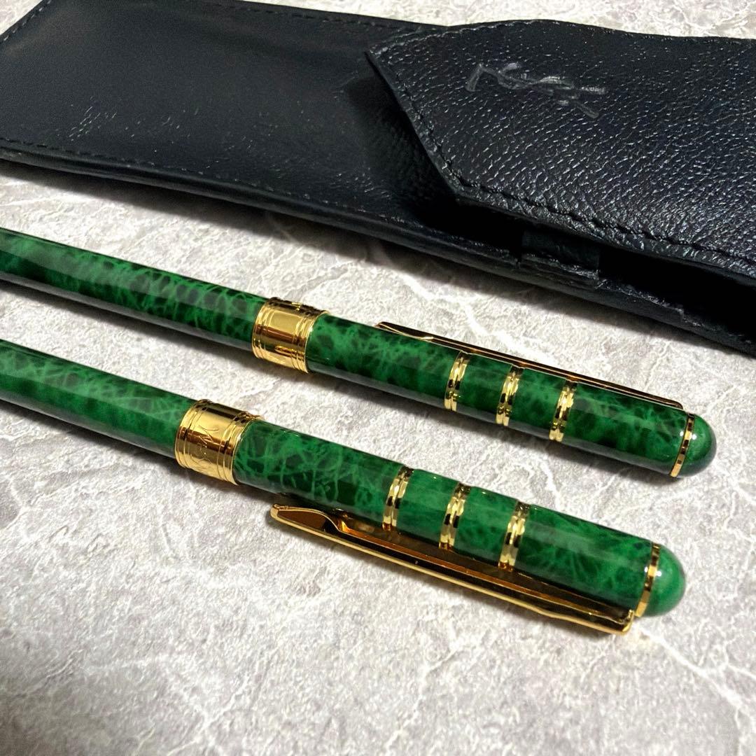 【希少】イヴサンローラン 筆記具セット マーブルグリーン 金彩 ケース付 レア