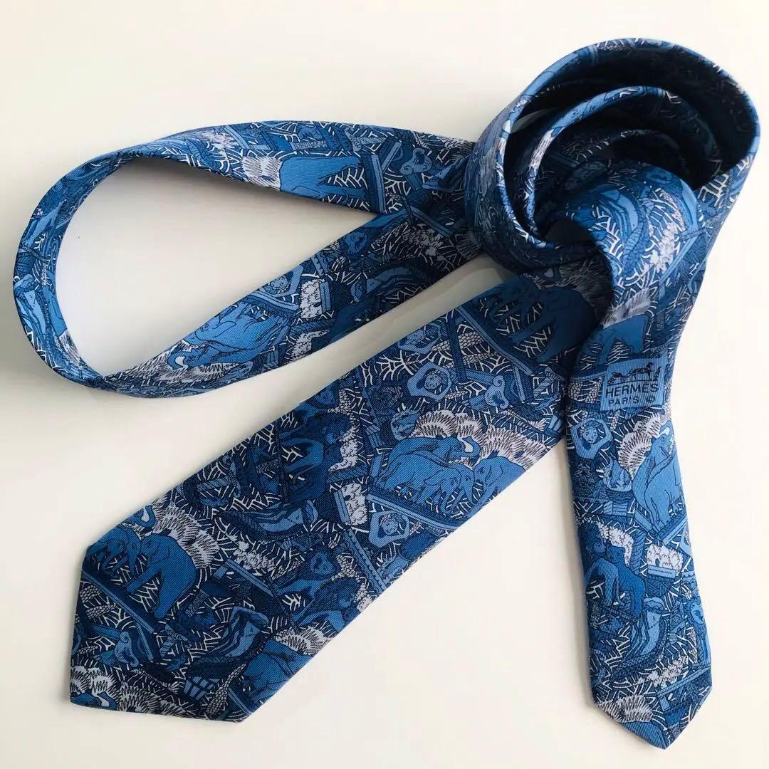 HERMES ネクタイ スカーフ柄 ブルー