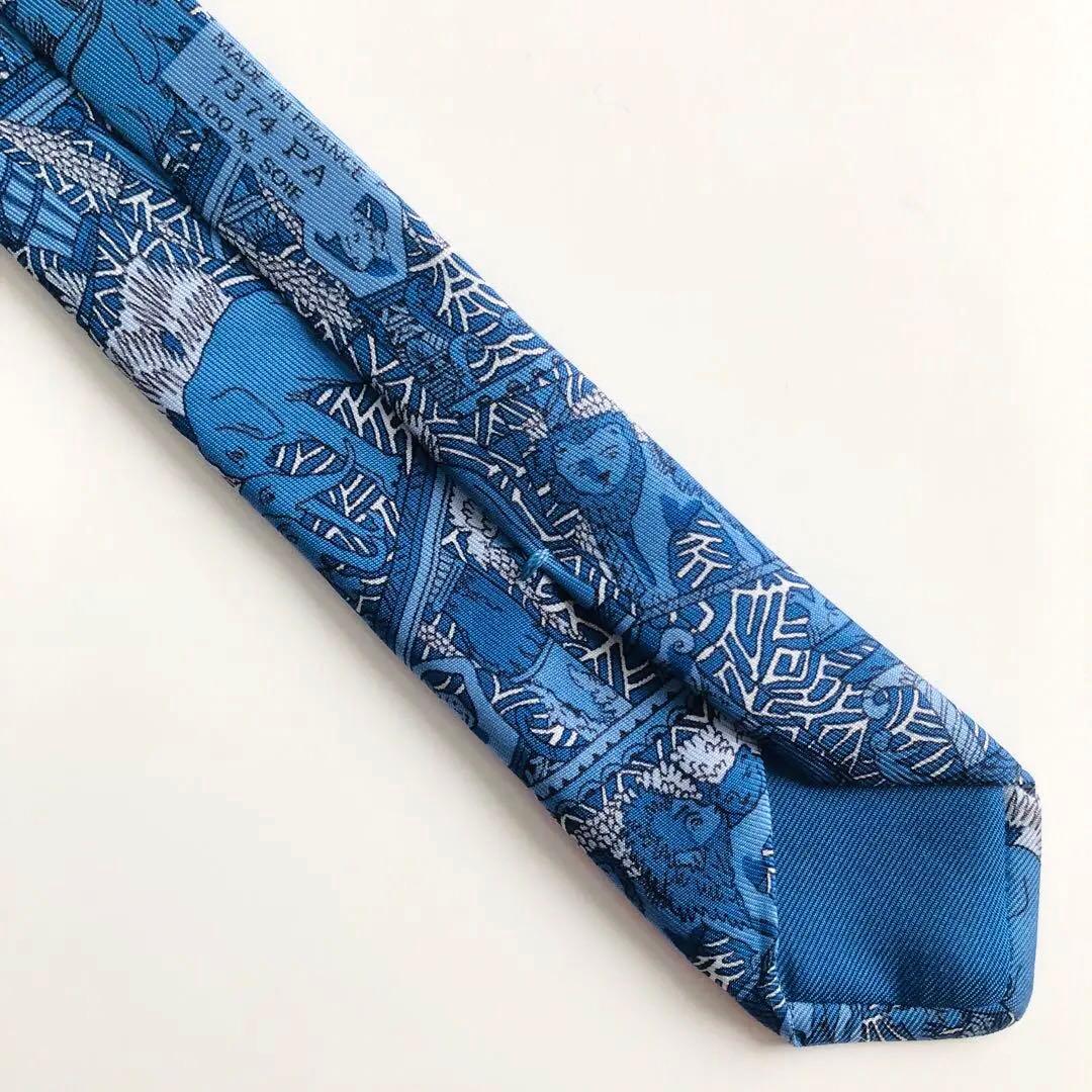 HERMES ネクタイ スカーフ柄 ブルー