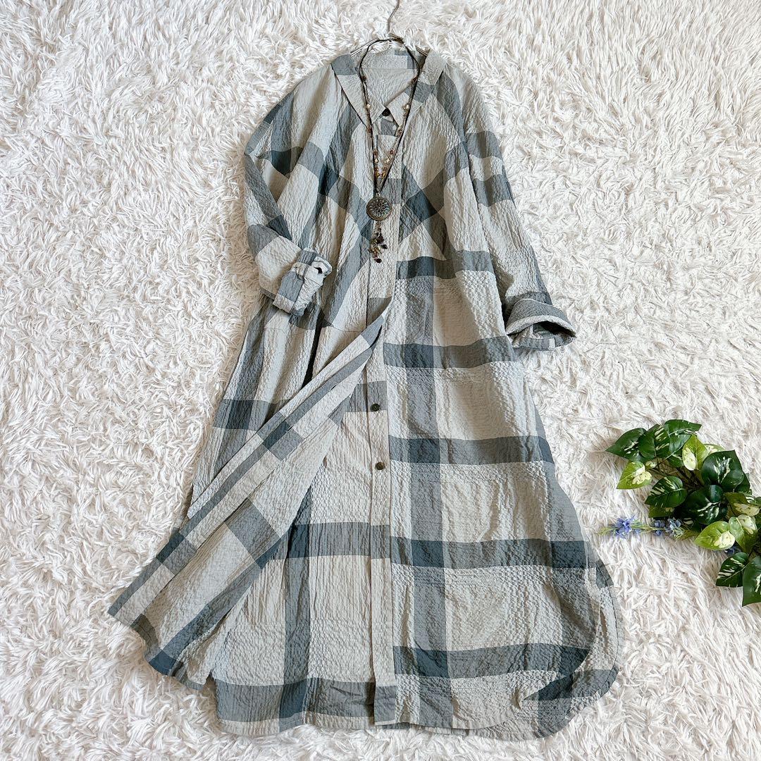 美品⁂センソユニコ⁂メフウ⁂ロングシャツワンピース　羽織　シワ加工　チェック　M