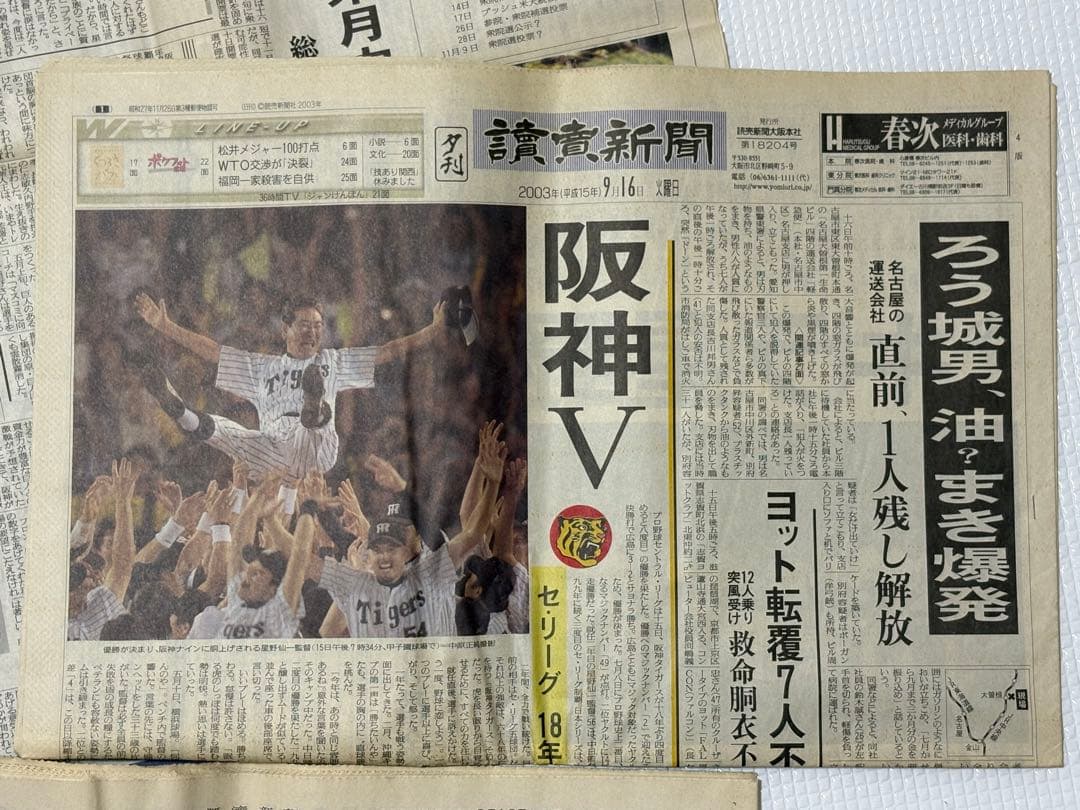 阪神タイガース 2003年 優勝記念新聞　スポーツ5紙2セット　一般紙6紙