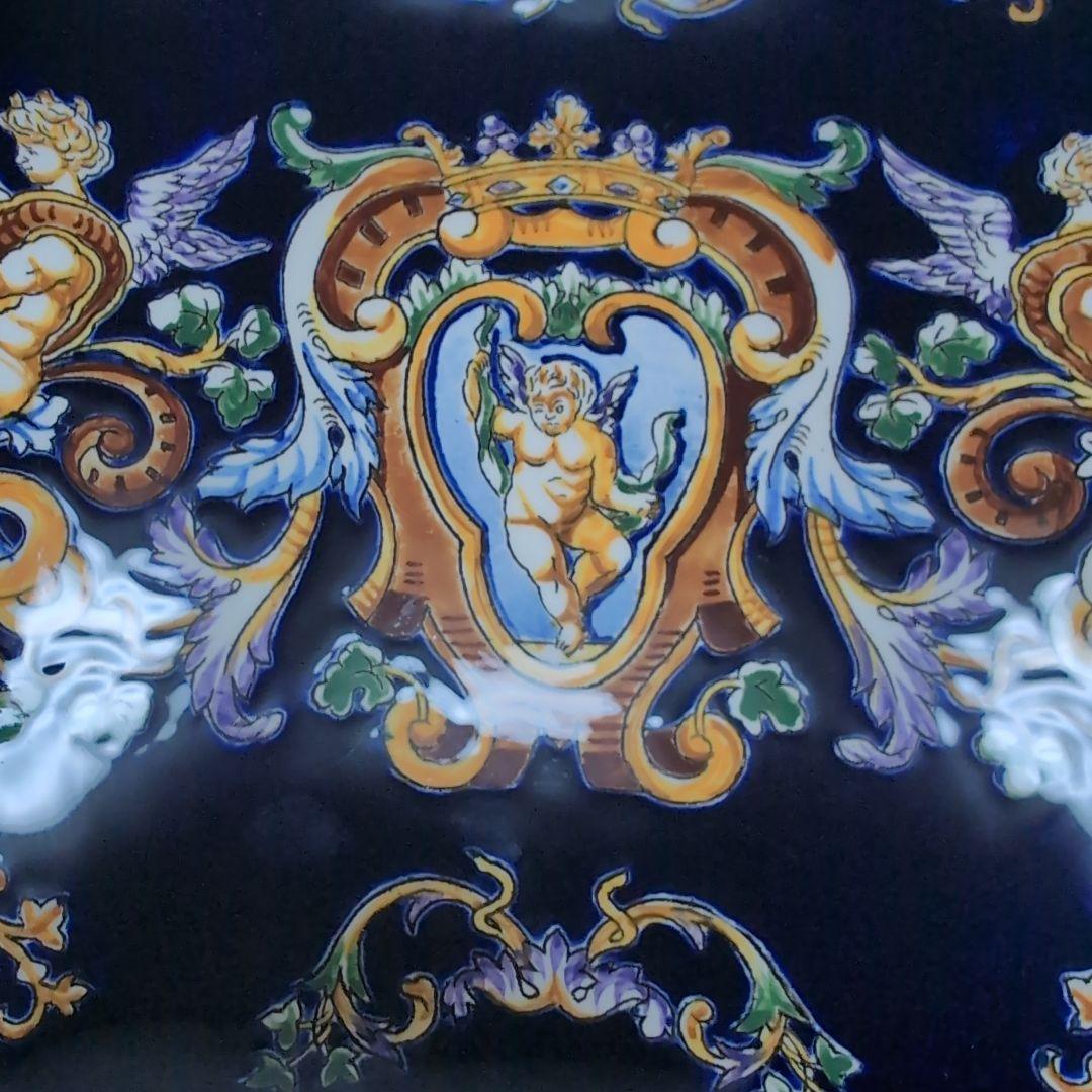 フランス　Gienジアン　手描き　ルネサンス　天使図　飾り皿　壁掛け　大21cm