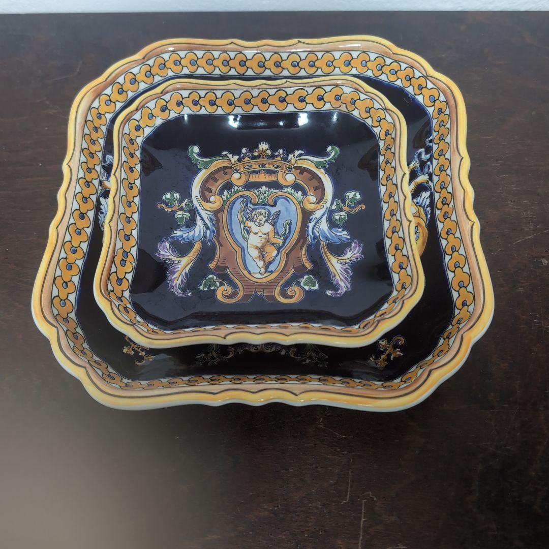フランス　Gienジアン　手描き　ルネサンス　天使図　飾り皿　壁掛け　大21cm