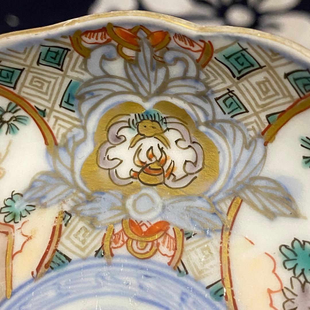 骨董・古伊万里　輪花皿色絵手塩皿　瀬戸口冨右衛門　錦絵　小皿・豆皿・四寸皿　二枚