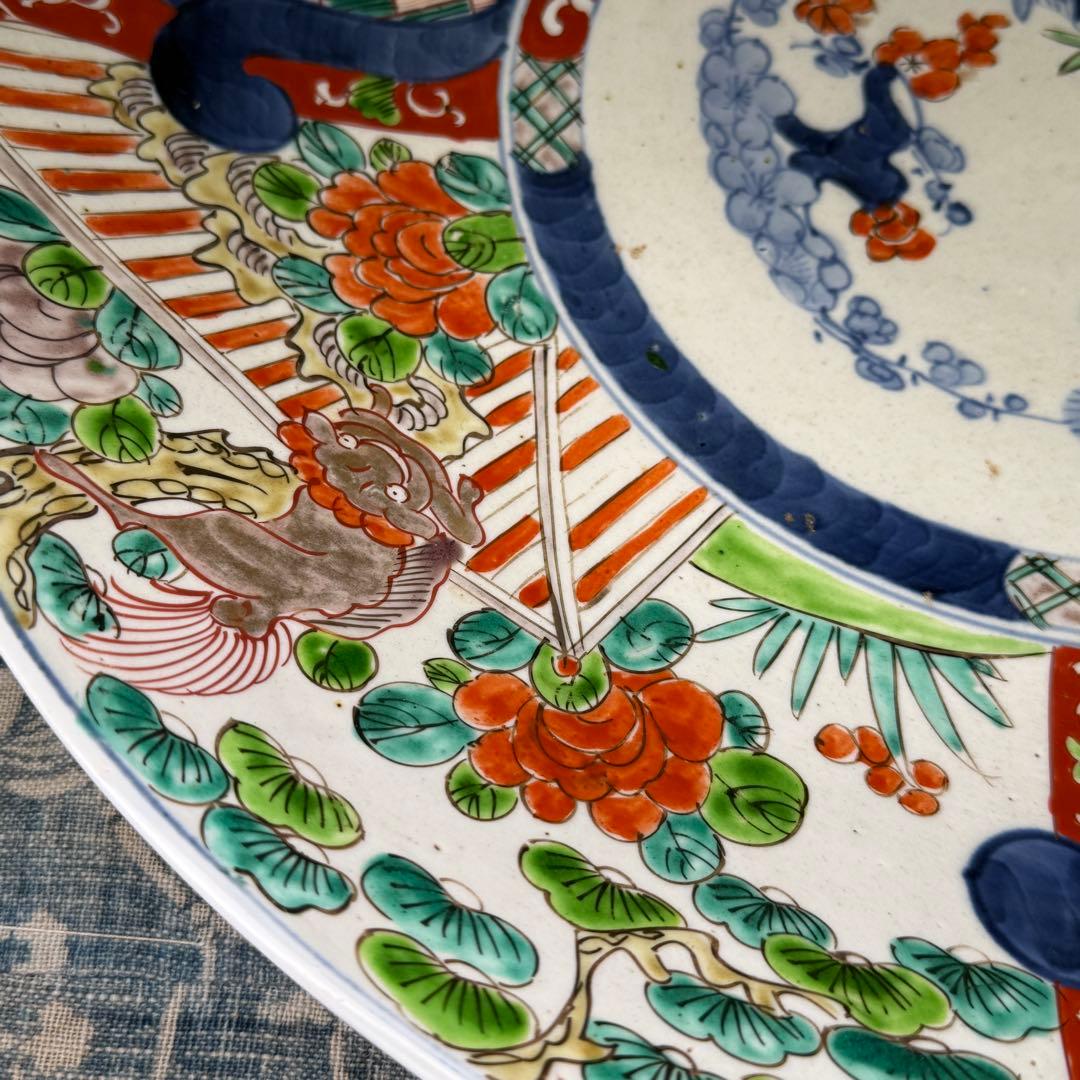 時代 古伊万里 色絵 大皿 45cm【無傷】牡丹唐獅子 明治 骨董 アンティーク