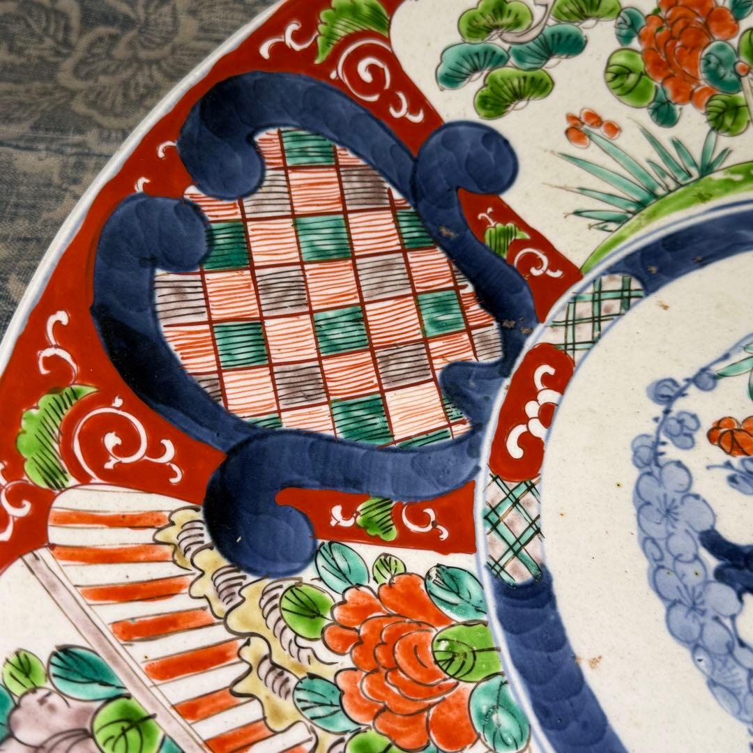時代 古伊万里 色絵 大皿 45cm【無傷】牡丹唐獅子 明治 骨董 アンティーク