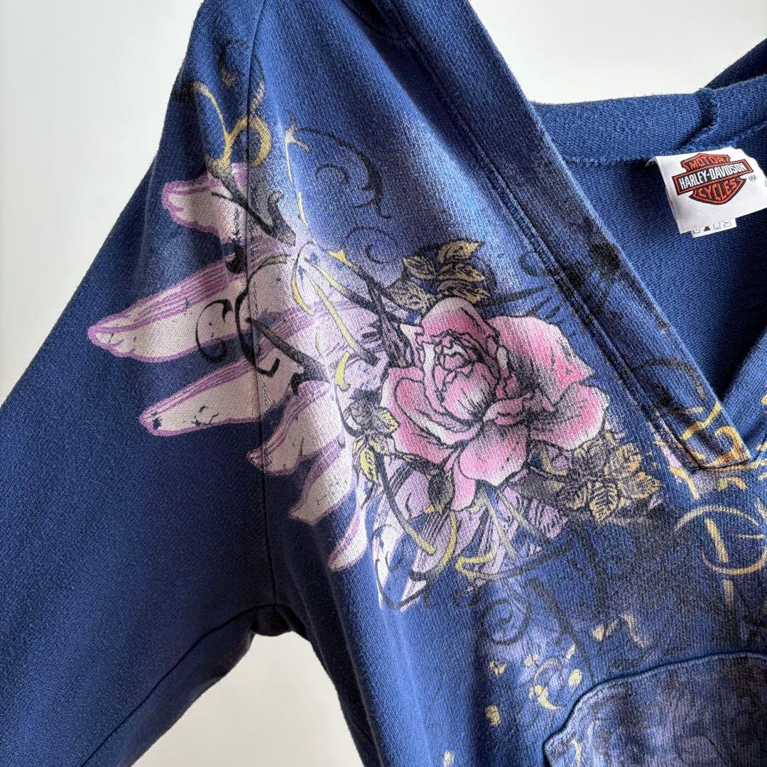 【y2k】Harley-Davidson ギャル 薔薇 パーカー 薄手 サブカル