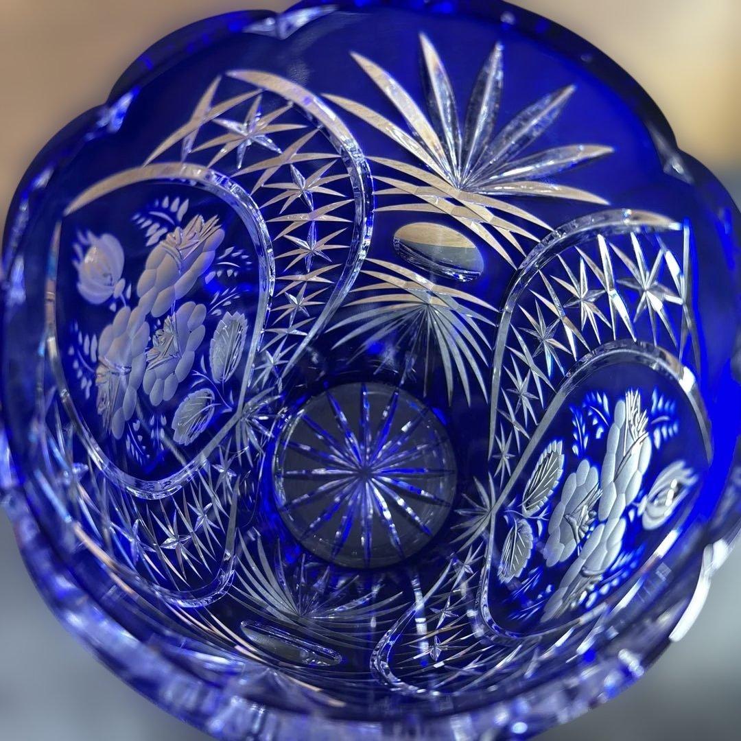 【美品】エルベクリスタル 花瓶 ブルー カットガラス 高さ25cm ドイツ製