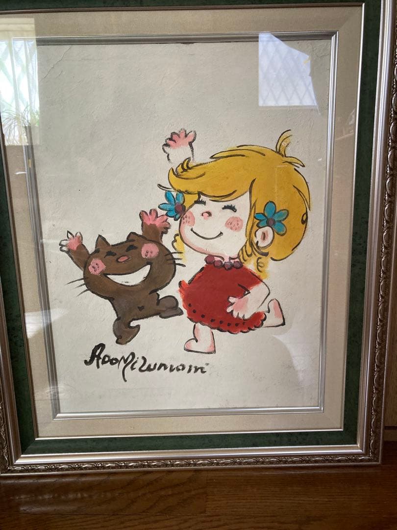 人物画　油絵　水森亜土　額付き　手描き　肉筆