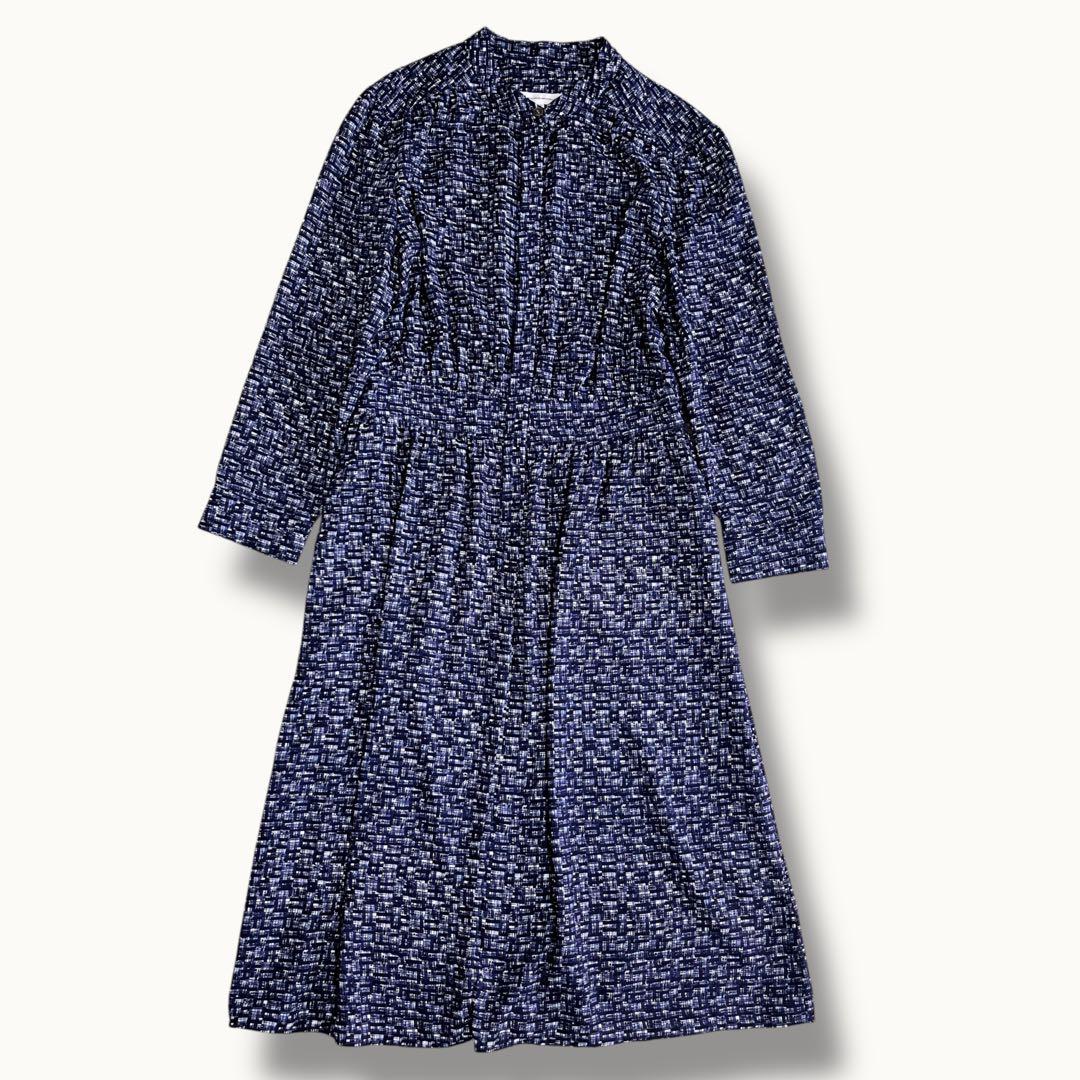 美品 23区 ツイーディープリントドレス 洗える ワンピース 32 ネイビー