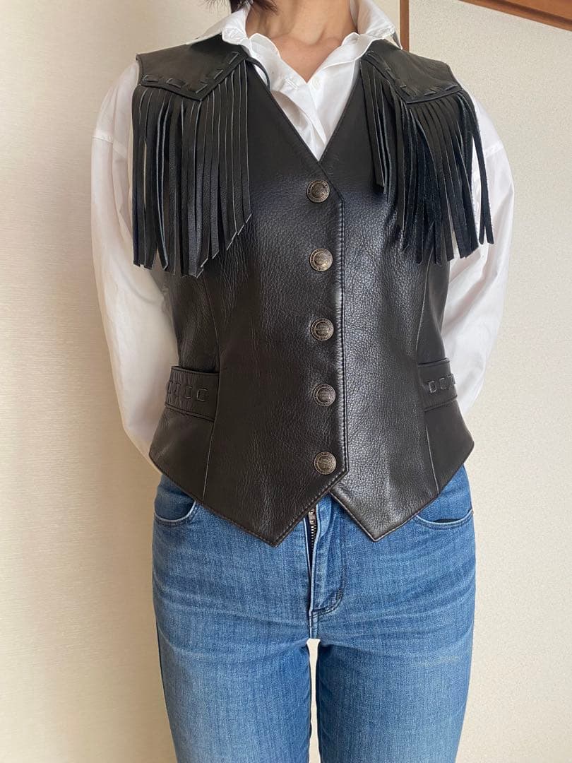 レザーベスト　レディース　牛革　フリンジ　Harley-Davidson