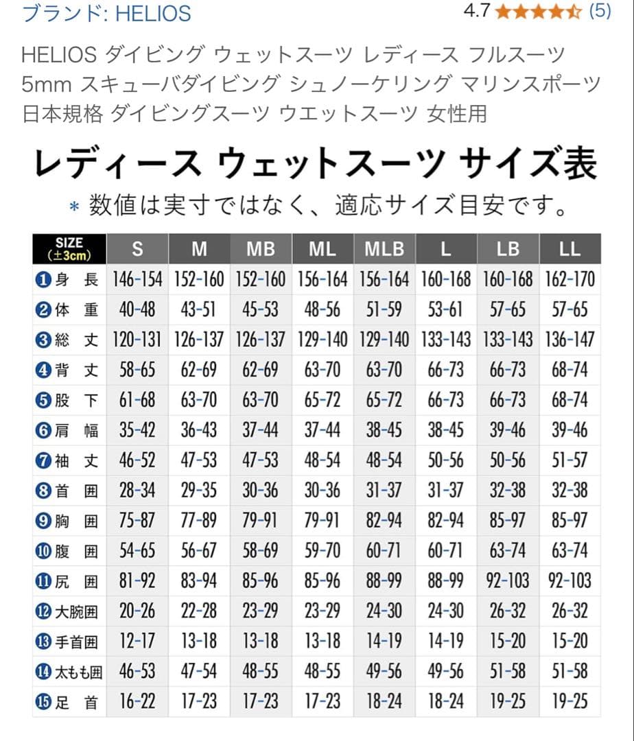 Helios ダイビング ウェットスーツ レディース 5mm サイズML