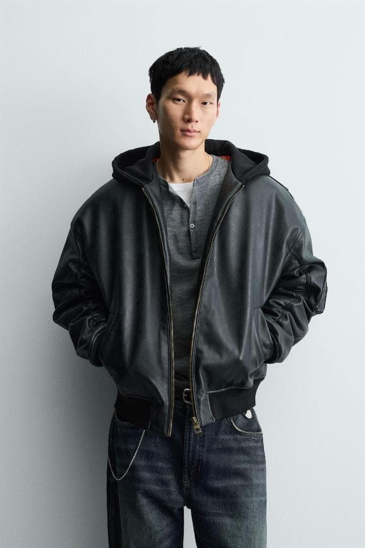 ZARA ザラ コントラストフード付きフェイクレザー ジャケット L
