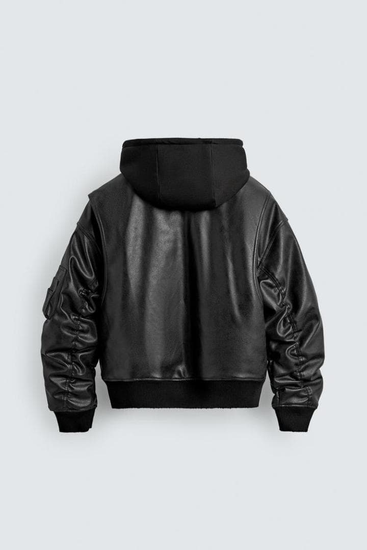ZARA ザラ コントラストフード付きフェイクレザー ジャケット L