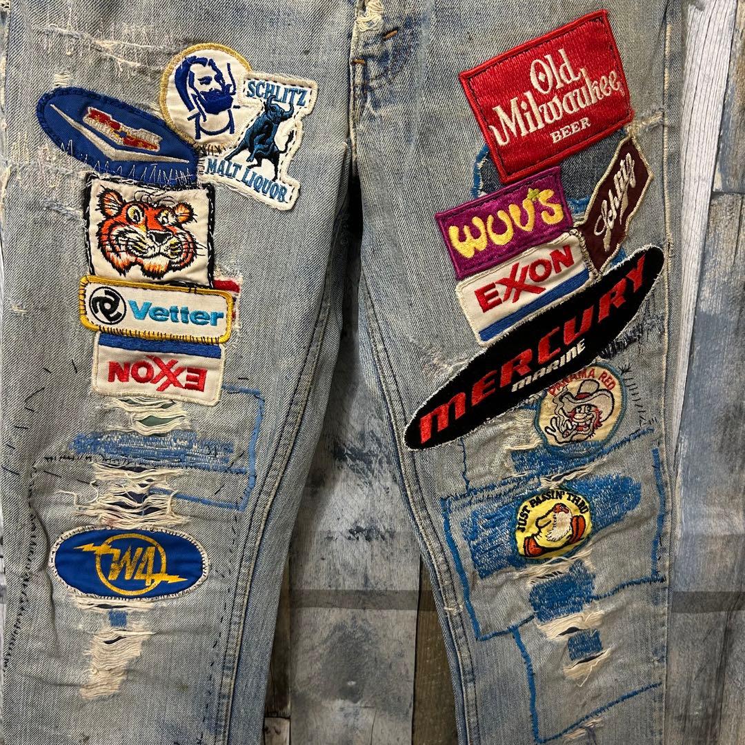 【雰囲気抜群】ワッペンダメージ加工デニムパンツ　ヴィンテージ　80s