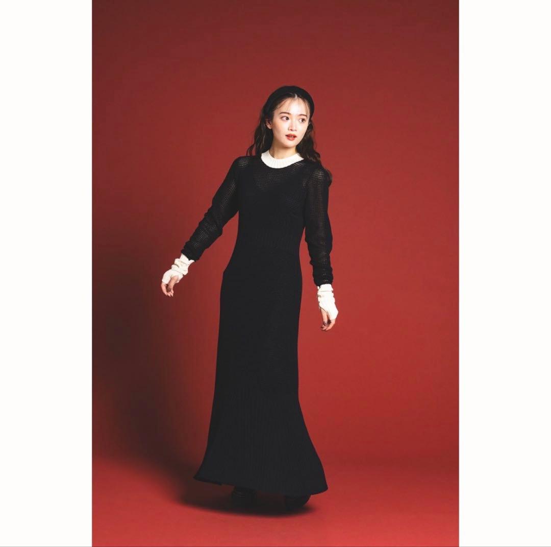 あんず【美品】PINUE メッシュ×リブ ニットワンピース 黒 M