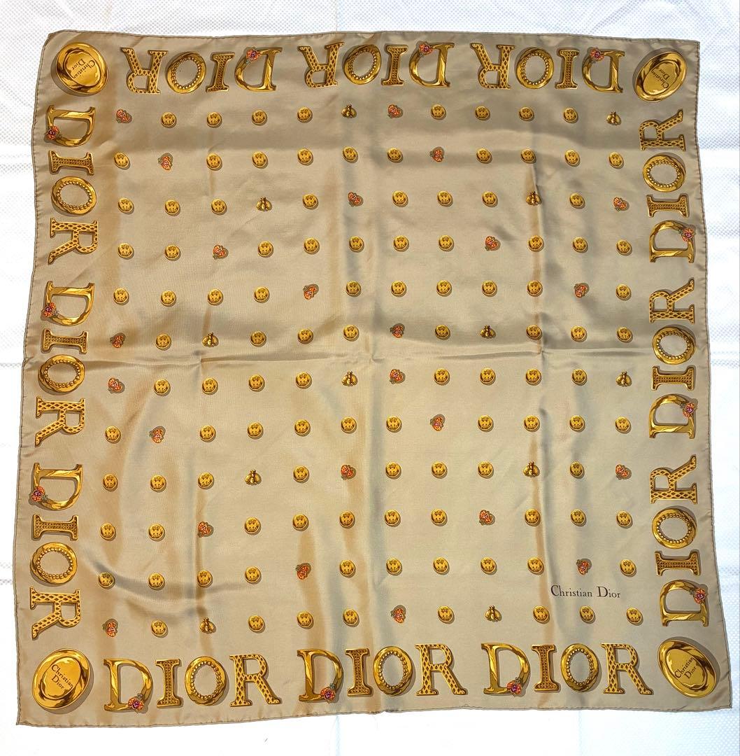 Christian Dior シルクスカーフ　ベージュ金　ヴィンテージ　タグなし