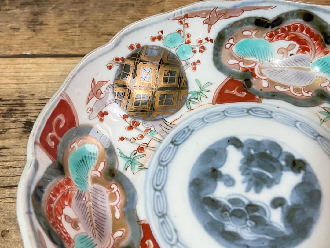 能登蔵出し 古伊万里 色絵 金彩 窓絵文 輪花皿 2 客/ 深皿 膾皿