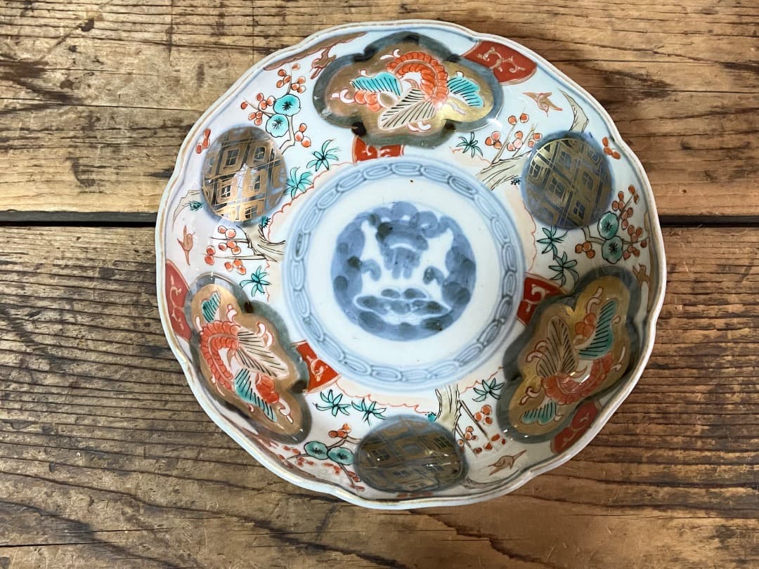 能登蔵出し 古伊万里 色絵 金彩 窓絵文 輪花皿 2 客/ 深皿 膾皿