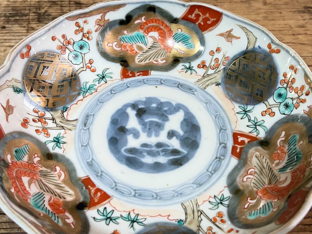 能登蔵出し 古伊万里 色絵 金彩 窓絵文 輪花皿 2 客/ 深皿 膾皿