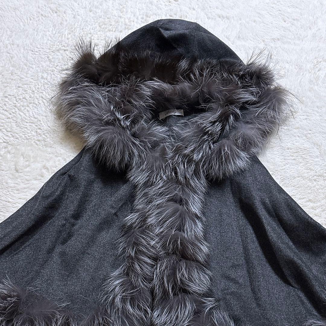 [超美品]Andy アンディ ファー ポンチョ カシミヤ混 グレー M