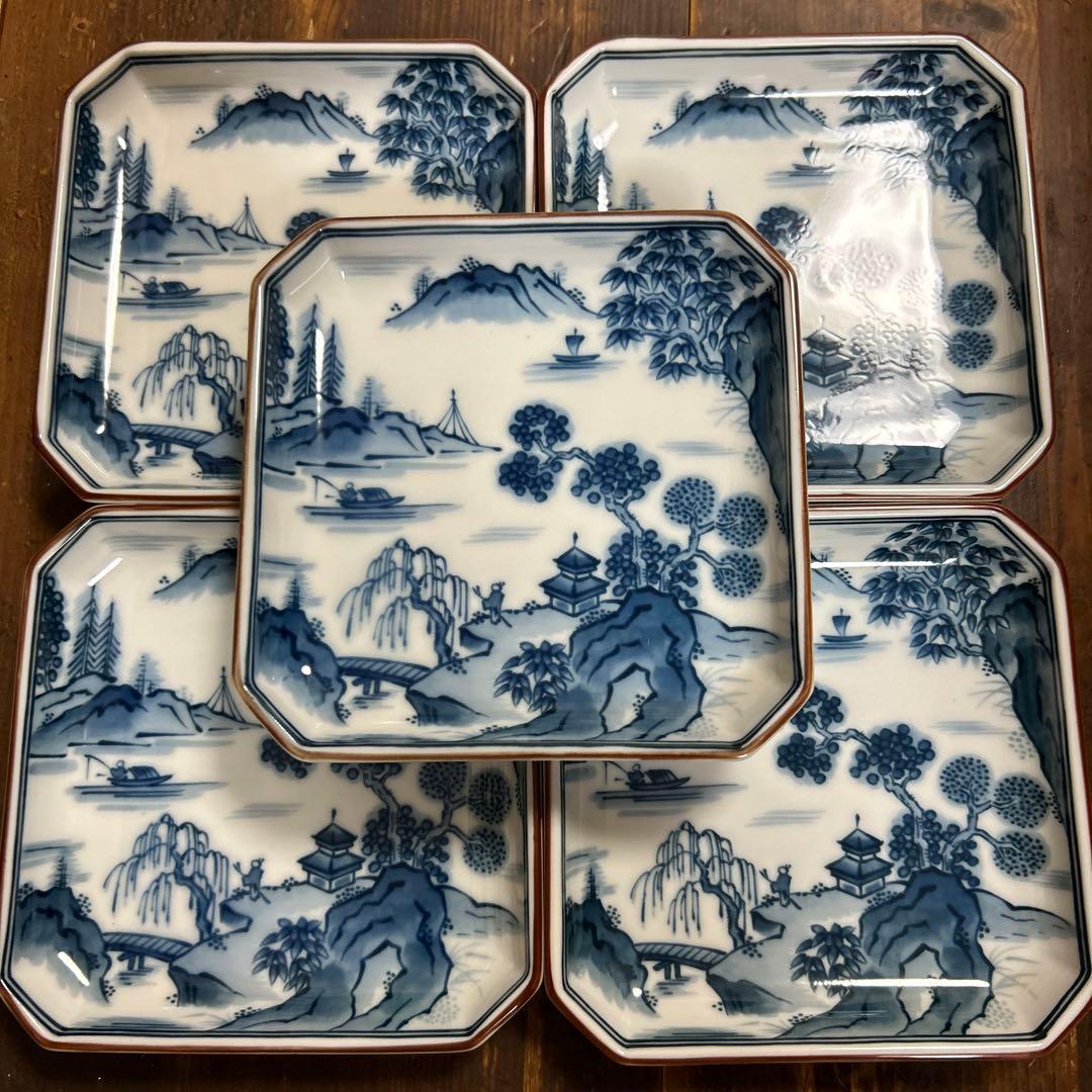 前畑陶器　庫山窯　染付山水画　角皿揃　八角皿　小皿5枚　銘々皿5枚　②