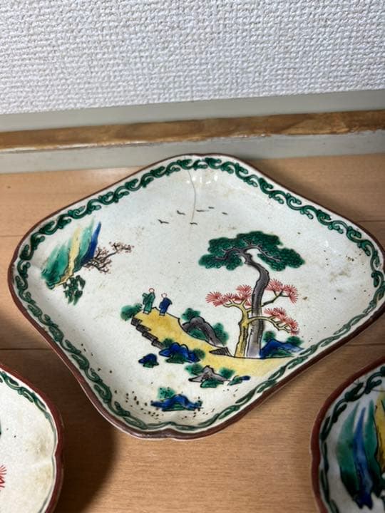 450 九谷焼　時代物　角福　皿　5客　古美術品