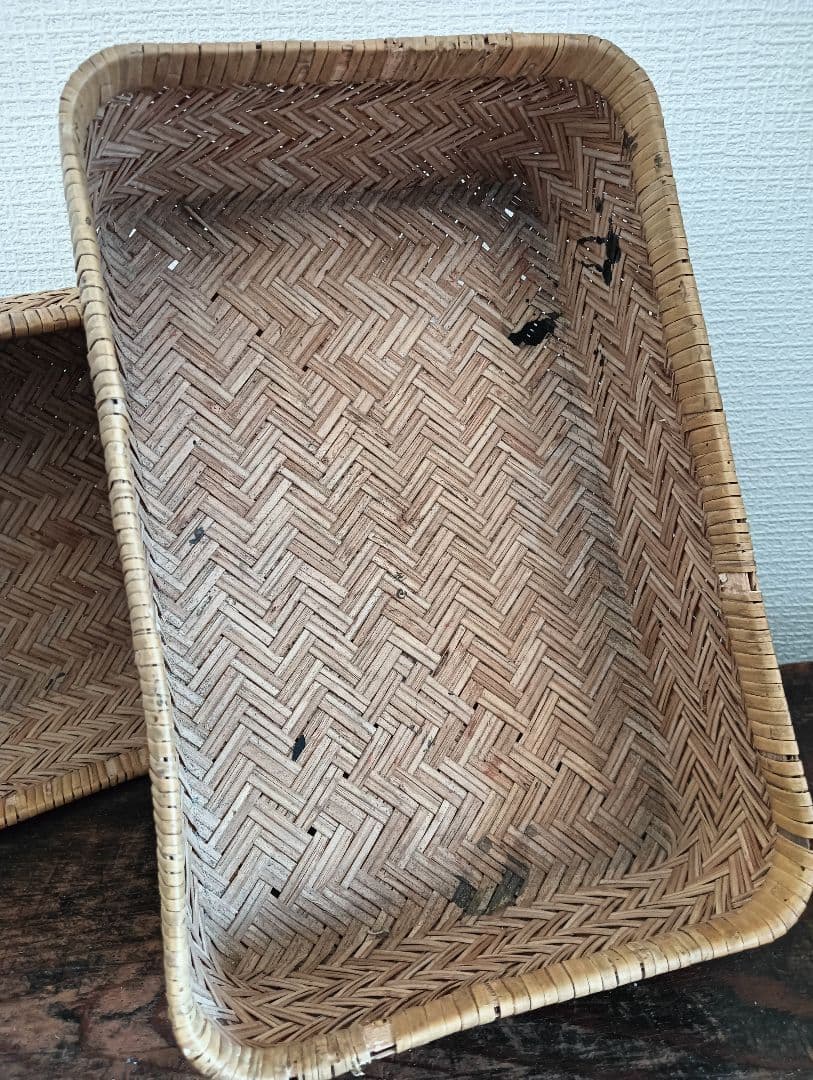 ビンテージの蓋付き竹行李♪柳行李　あけび　編み籠　かご