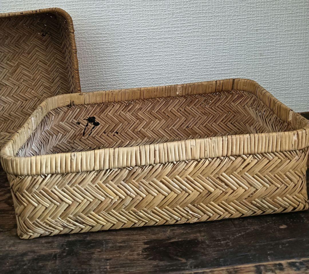 ビンテージの蓋付き竹行李♪柳行李　あけび　編み籠　かご