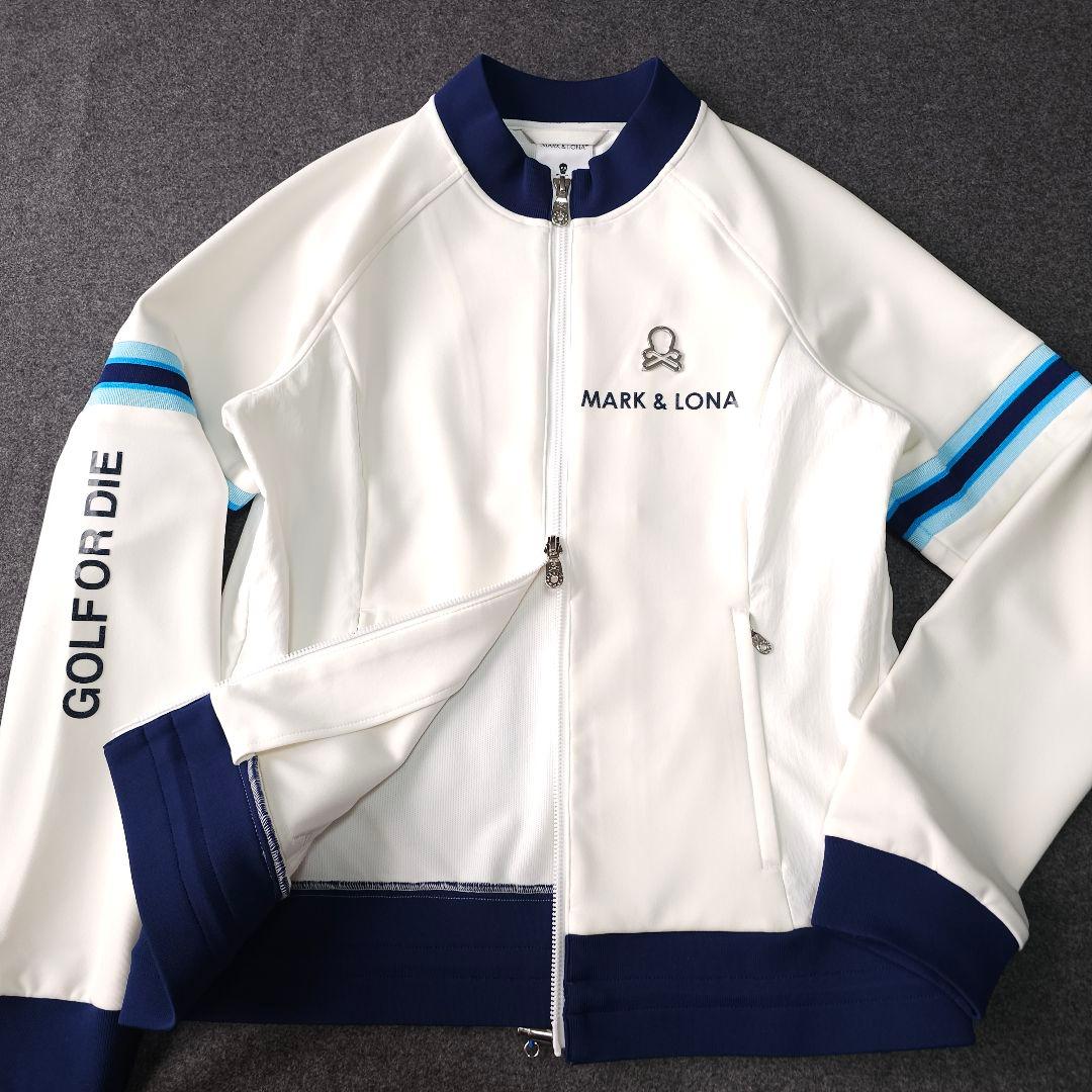 2025年マークアンドロナ 春 長袖ゴルフジップジャケット 白 L スカル ロゴ