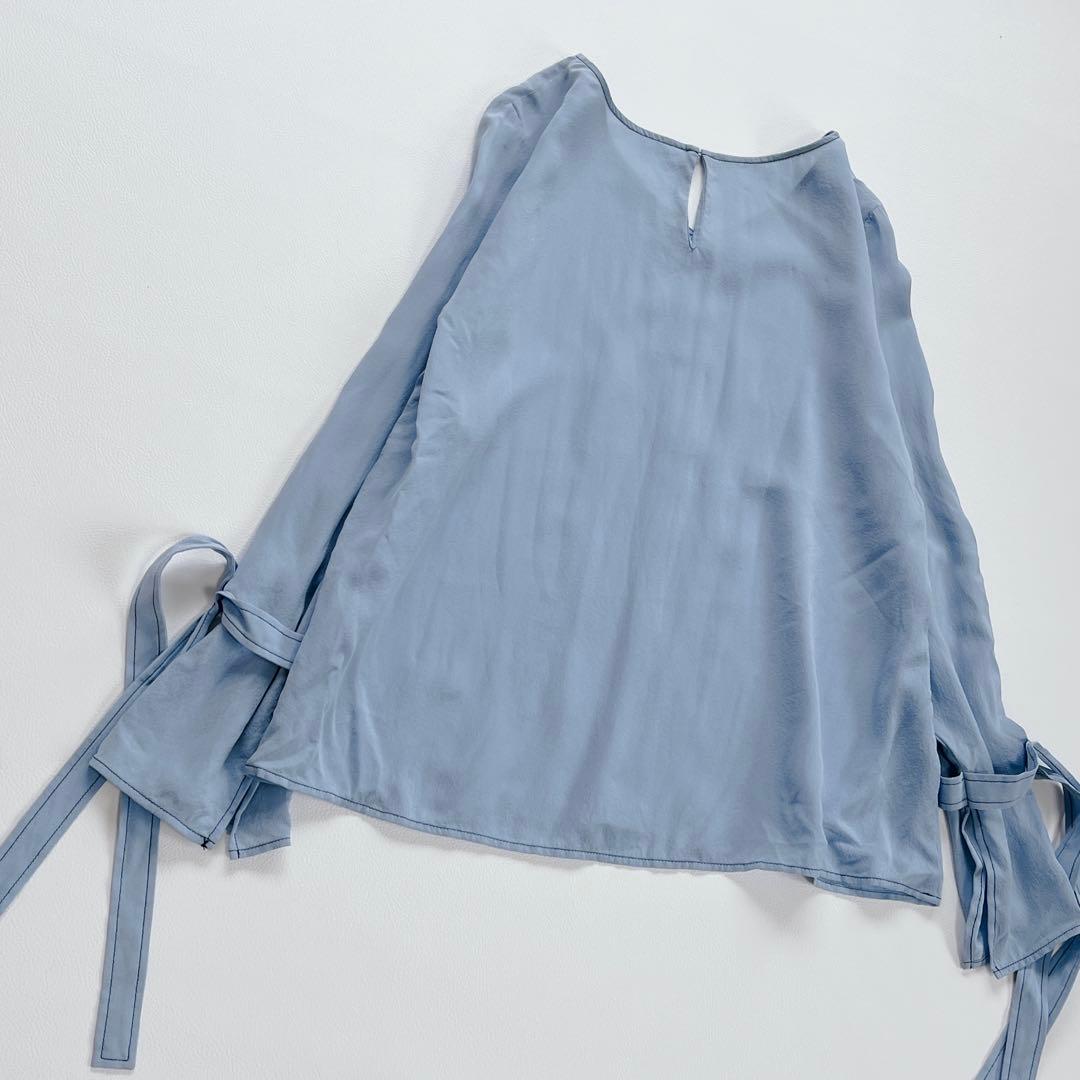 美品✨アナイ シルク100% Vネックブラウス 38 ブルー 袖リボン 洗える