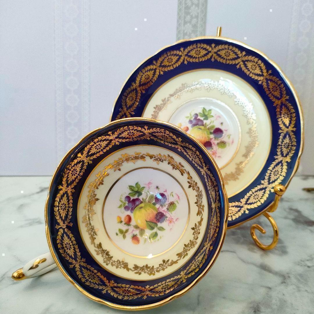 ★美品★ パラゴン カップ＆ソーサー フルーツ 金彩 ピオニーシェイプ コバルト