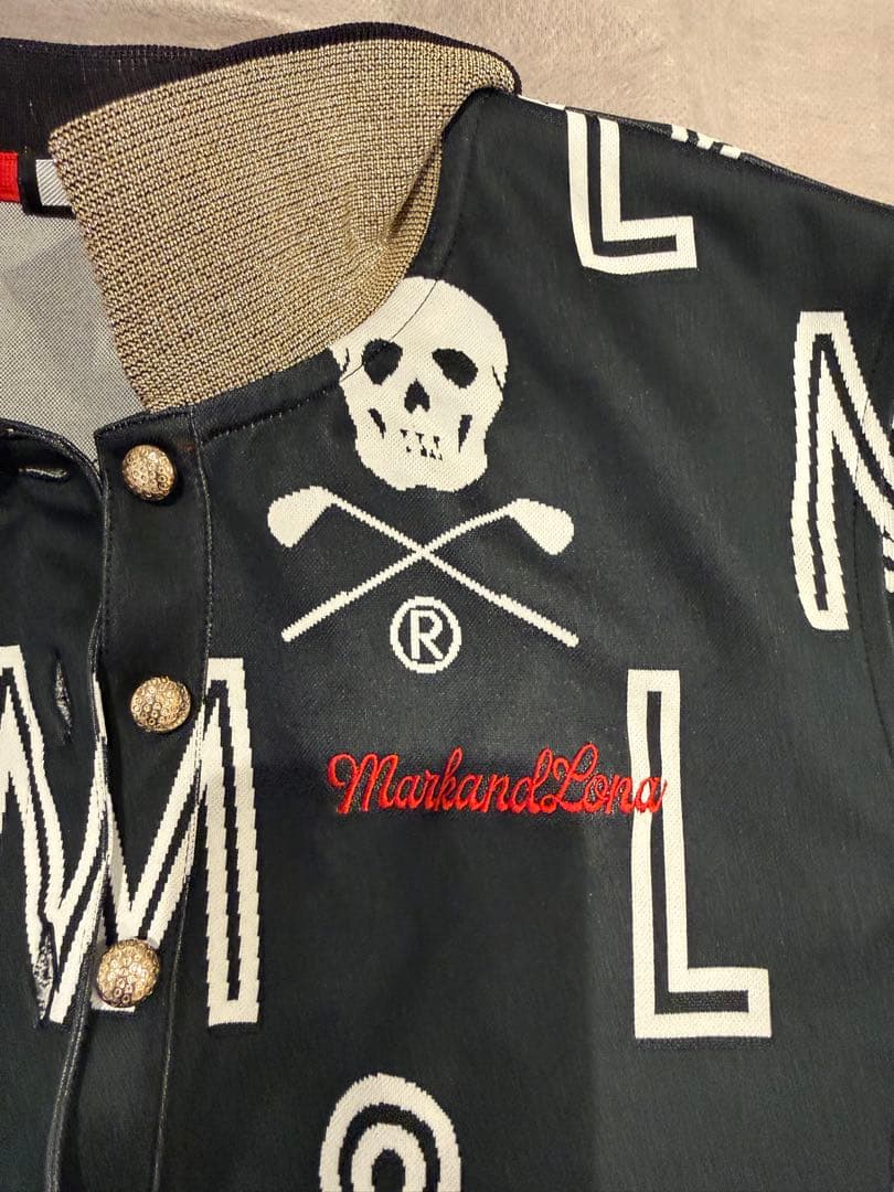 美品 MARK&LONA ポロシャツ スカル 総柄 レディース38 ゴルフ