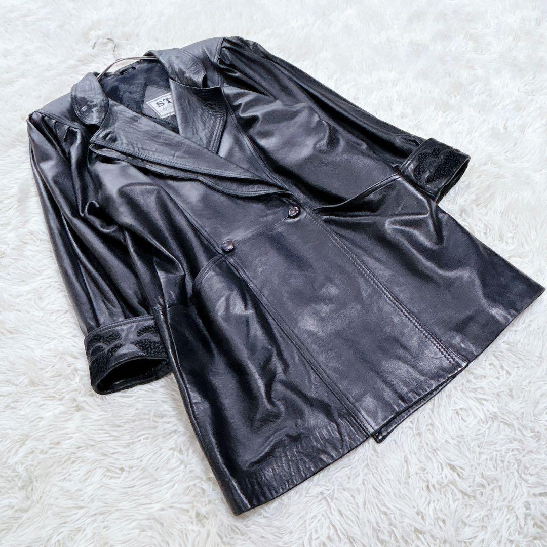 【超希少】ダブル襟ロングレザーコート　vintage　極厚肩パッド　黒　XL相当