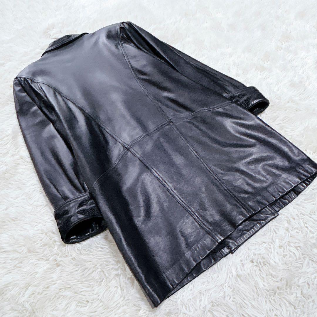 【超希少】ダブル襟ロングレザーコート　vintage　極厚肩パッド　黒　XL相当