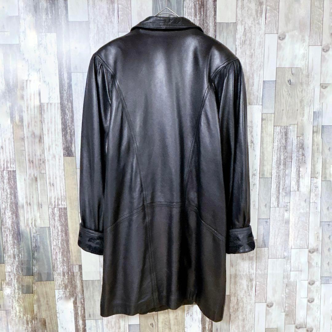 【超希少】ダブル襟ロングレザーコート　vintage　極厚肩パッド　黒　XL相当