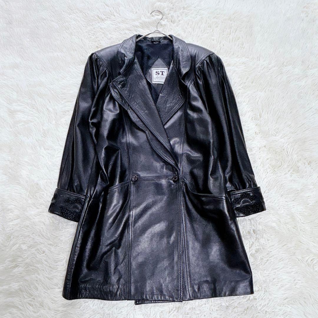 【超希少】ダブル襟ロングレザーコート　vintage　極厚肩パッド　黒　XL相当
