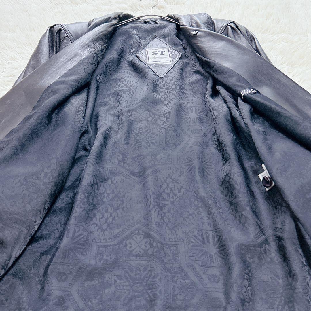 【超希少】ダブル襟ロングレザーコート　vintage　極厚肩パッド　黒　XL相当