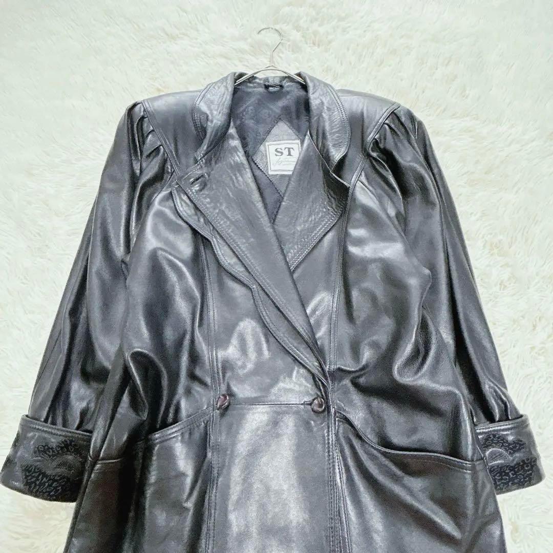 【超希少】ダブル襟ロングレザーコート　vintage　極厚肩パッド　黒　XL相当