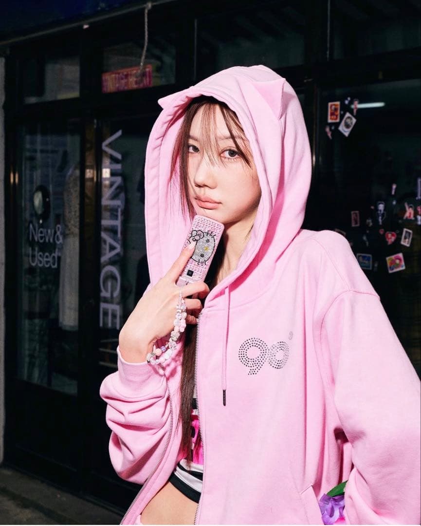 トップス 9090girl 90 Logo Cat Ear Zip Hoodie